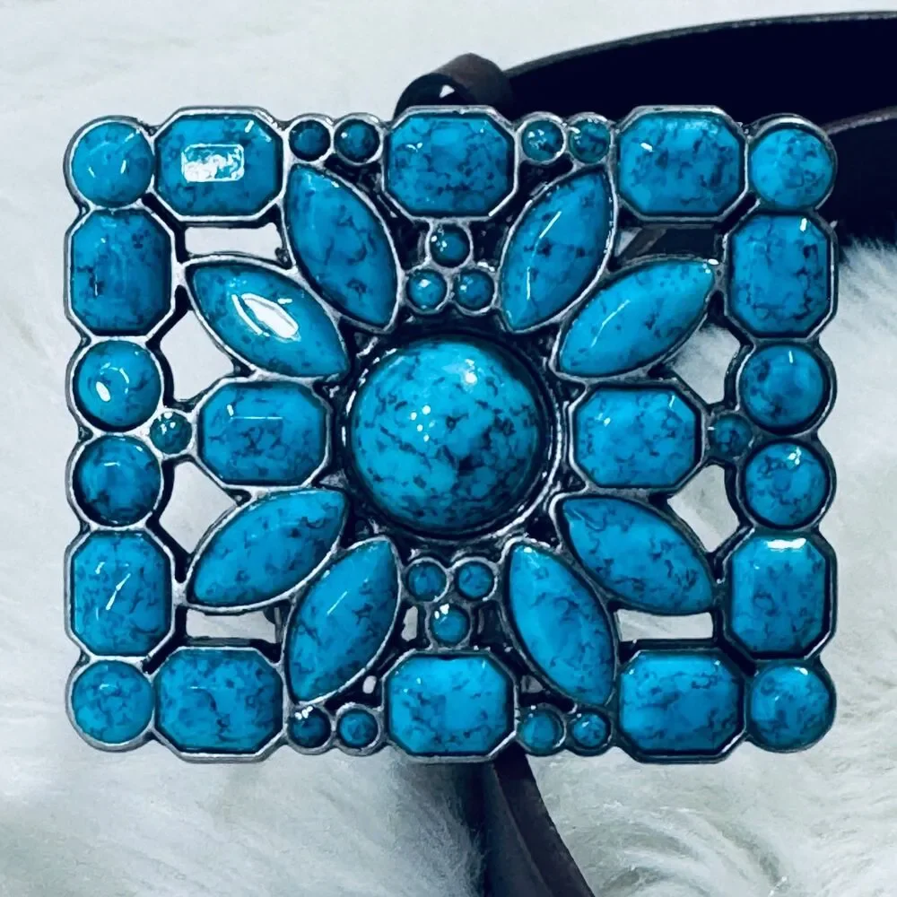Western Boho Faux Turquoise Mosaic Buckle Belt Brown M (29.5-33.5) Waist Cowgirl